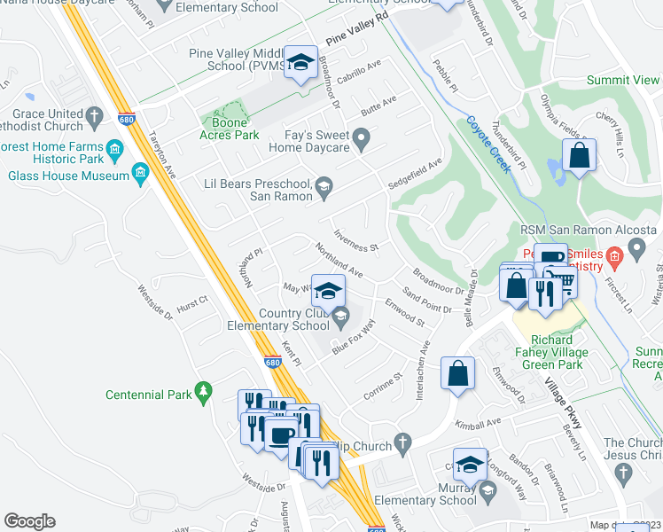 map of restaurants, bars, coffee shops, grocery stores, and more near 7509 Northland Avenue in San Ramon
