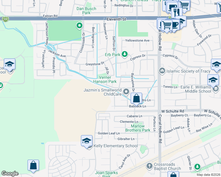 map of restaurants, bars, coffee shops, grocery stores, and more near 2432 Tennis Lane in Tracy