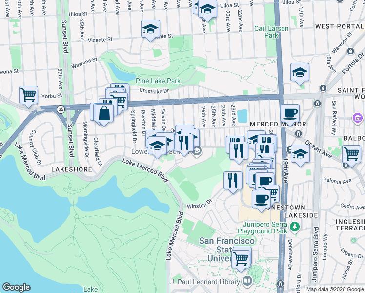 map of restaurants, bars, coffee shops, grocery stores, and more near 1100 Eucalyptus Drive in San Francisco