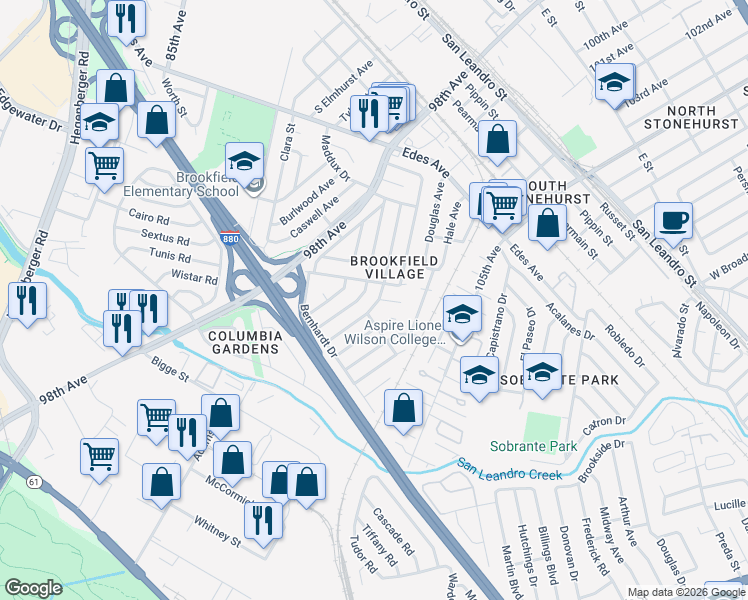 map of restaurants, bars, coffee shops, grocery stores, and more near 215 Hunter Avenue in Oakland