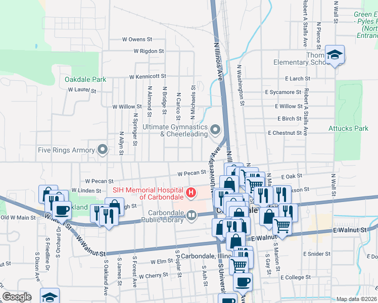 map of restaurants, bars, coffee shops, grocery stores, and more near 501 North Carico Street in Carbondale
