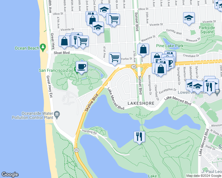 map of restaurants, bars, coffee shops, grocery stores, and more near Lakeshore Drive in San Francisco