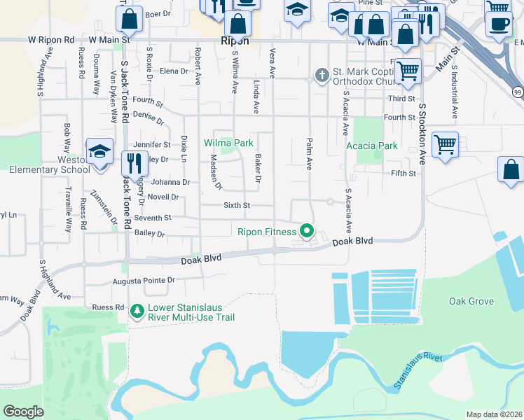 map of restaurants, bars, coffee shops, grocery stores, and more near 939 7th Street in Ripon