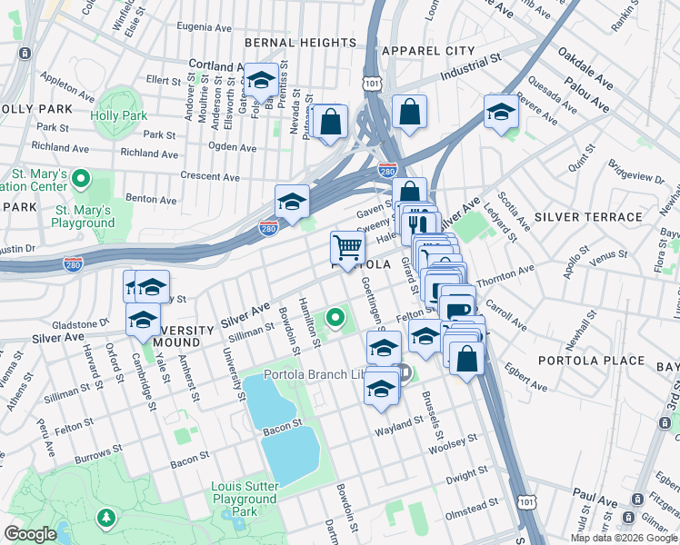 map of restaurants, bars, coffee shops, grocery stores, and more near Silver Ave & Somerset St in San Francisco