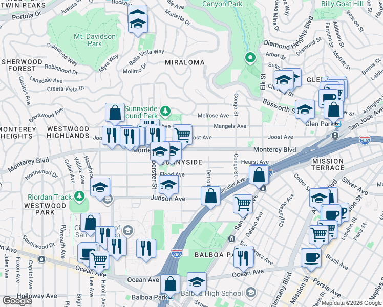 map of restaurants, bars, coffee shops, grocery stores, and more near 463 Monterey Boulevard in San Francisco