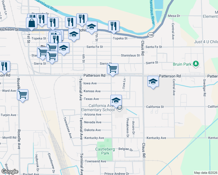 map of restaurants, bars, coffee shops, grocery stores, and more near 6301 8th Street in Riverbank