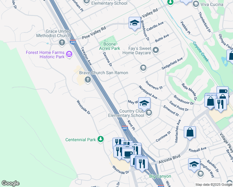 map of restaurants, bars, coffee shops, grocery stores, and more near 7591 Northland Place in San Ramon