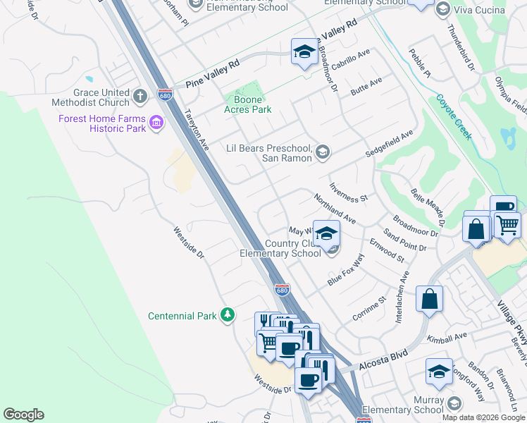 map of restaurants, bars, coffee shops, grocery stores, and more near 7591 Northland Place in San Ramon