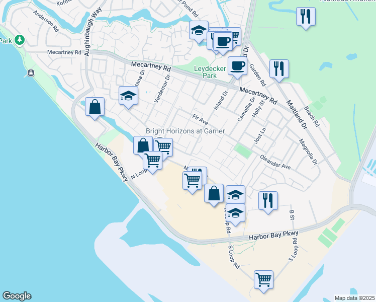 map of restaurants, bars, coffee shops, grocery stores, and more near 1179 Island Drive in Alameda