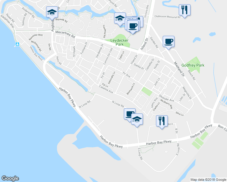 map of restaurants, bars, coffee shops, grocery stores, and more near 1179 Island Drive in Alameda