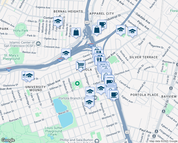 map of restaurants, bars, coffee shops, grocery stores, and more near 38 Brussels Street in San Francisco