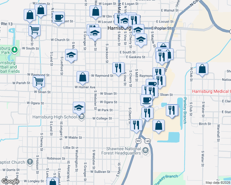 map of restaurants, bars, coffee shops, grocery stores, and more near 601-621 South Main Street in Harrisburg