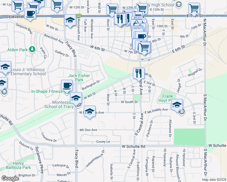map of restaurants, bars, coffee shops, grocery stores, and more near 202 West 3rd Street in Tracy