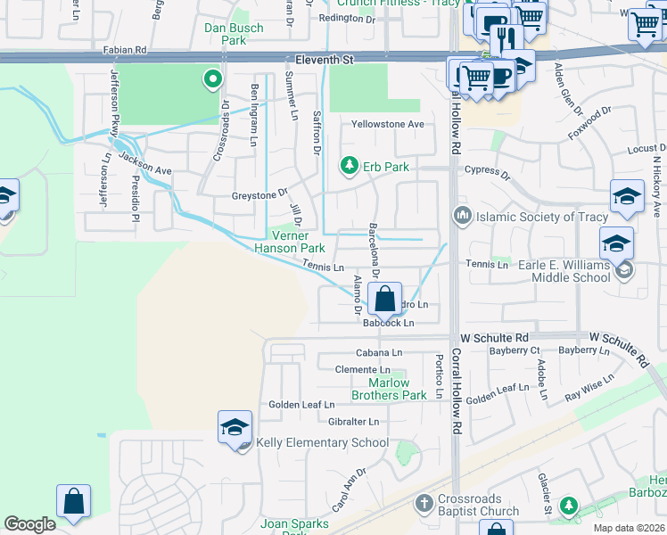 map of restaurants, bars, coffee shops, grocery stores, and more near 2392 Tennis Lane in Tracy