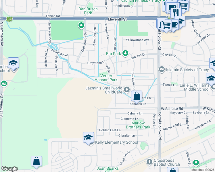 map of restaurants, bars, coffee shops, grocery stores, and more near 2472 Tennis Lane in Tracy