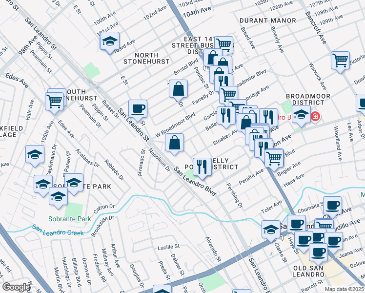 map of restaurants, bars, coffee shops, grocery stores, and more near 299 Park Street in San Leandro