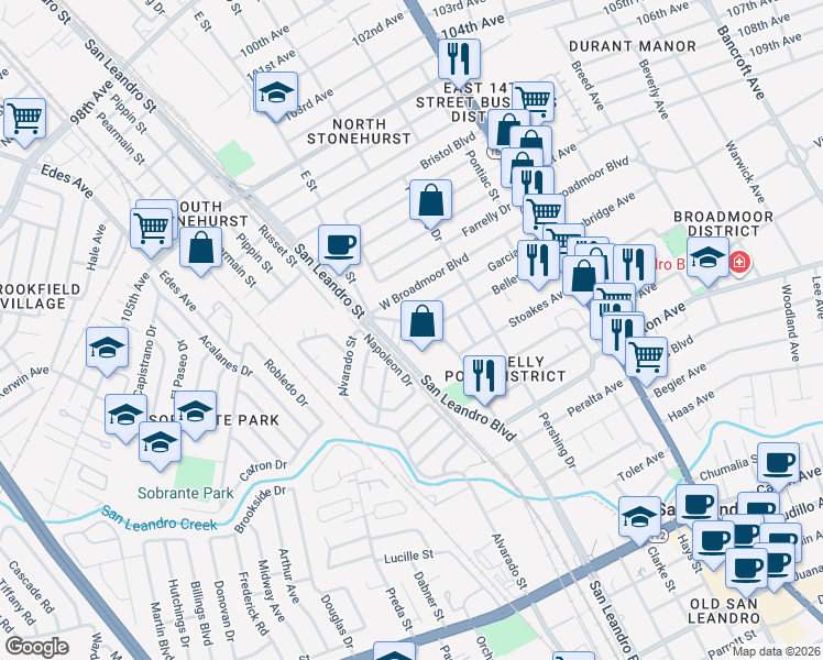 map of restaurants, bars, coffee shops, grocery stores, and more near 250 San Leandro Street in San Leandro