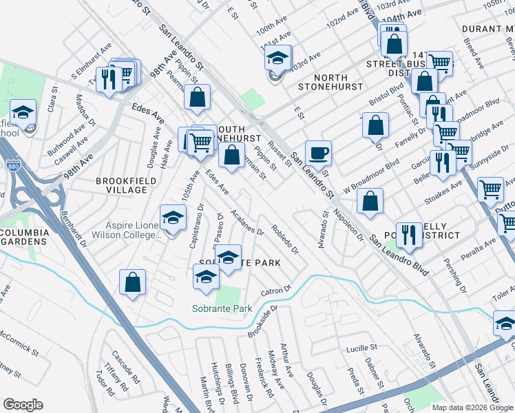 map of restaurants, bars, coffee shops, grocery stores, and more near 717 Bergedo Drive in Oakland