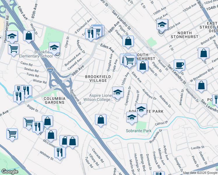 map of restaurants, bars, coffee shops, grocery stores, and more near 10464 Nattress Way in Oakland