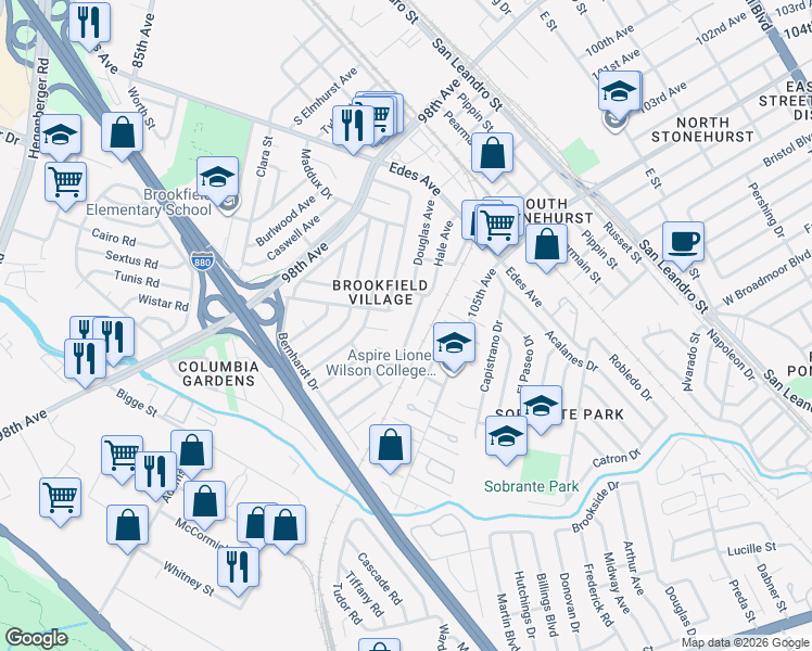 map of restaurants, bars, coffee shops, grocery stores, and more near 43 Hunter Court in Oakland