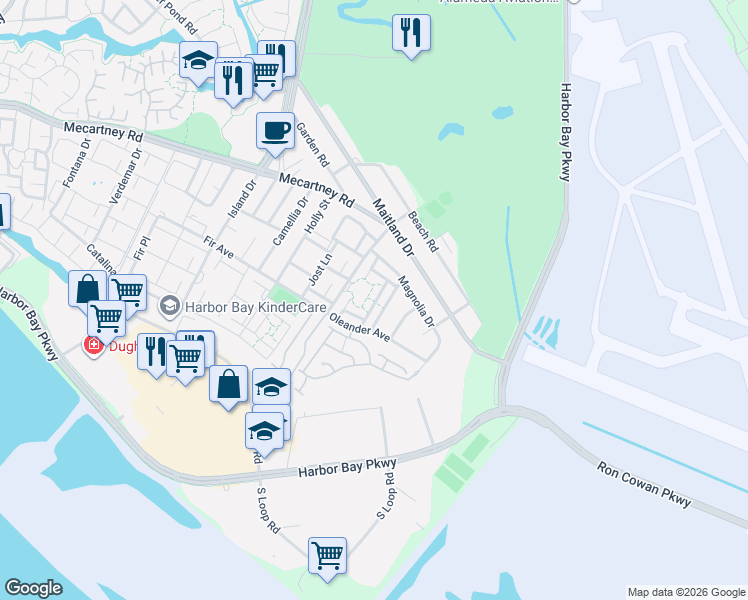 map of restaurants, bars, coffee shops, grocery stores, and more near 1065 Kingston Lane in Alameda