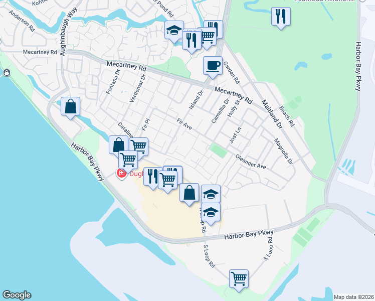 map of restaurants, bars, coffee shops, grocery stores, and more near 1148 Bismarck Lane in Alameda
