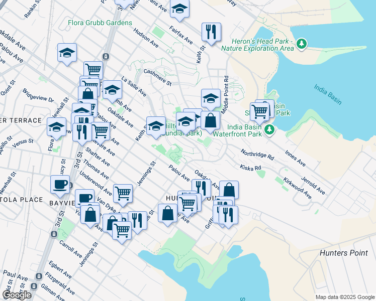 map of restaurants, bars, coffee shops, grocery stores, and more near 25 Whitfield Court in San Francisco