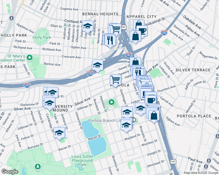 map of restaurants, bars, coffee shops, grocery stores, and more near 1301 Silver Avenue in San Francisco