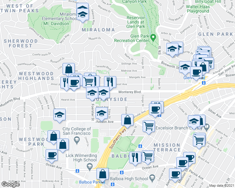 map of restaurants, bars, coffee shops, grocery stores, and more near 326 Hearst Avenue in San Francisco