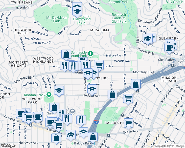 map of restaurants, bars, coffee shops, grocery stores, and more near 462 Hearst Avenue in San Francisco