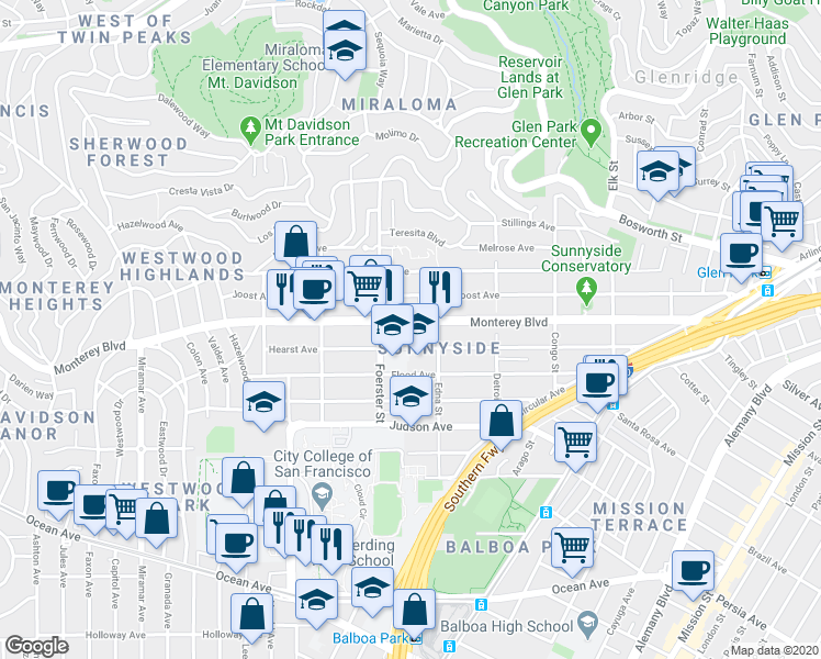 map of restaurants, bars, coffee shops, grocery stores, and more near 462 Hearst Avenue in San Francisco