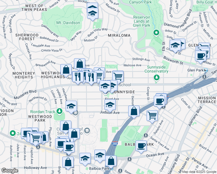 map of restaurants, bars, coffee shops, grocery stores, and more near 462 Hearst Avenue in San Francisco