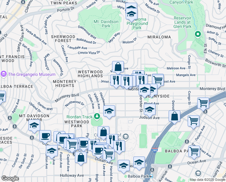 map of restaurants, bars, coffee shops, grocery stores, and more near 658 Hearst Avenue in San Francisco