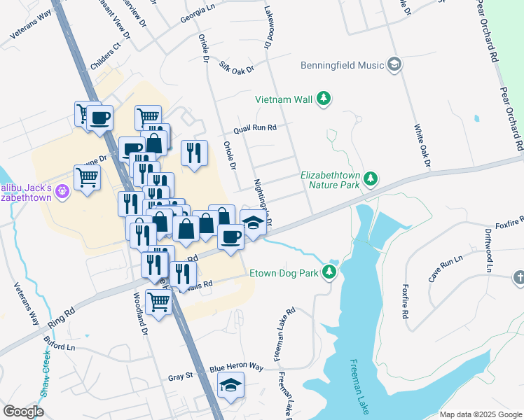 map of restaurants, bars, coffee shops, grocery stores, and more near 1600-1608 Nightingale Drive in Elizabethtown