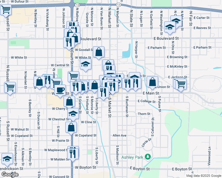 map of restaurants, bars, coffee shops, grocery stores, and more near in Marion