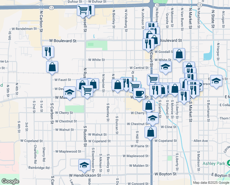 map of restaurants, bars, coffee shops, grocery stores, and more near 106 North Bentley Street in Marion