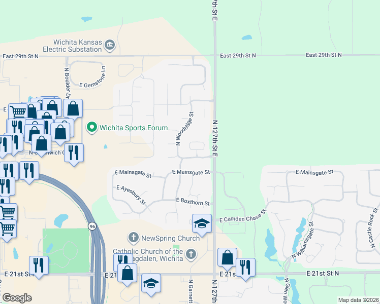 map of restaurants, bars, coffee shops, grocery stores, and more near 12709 E Woodspring St in Wichita