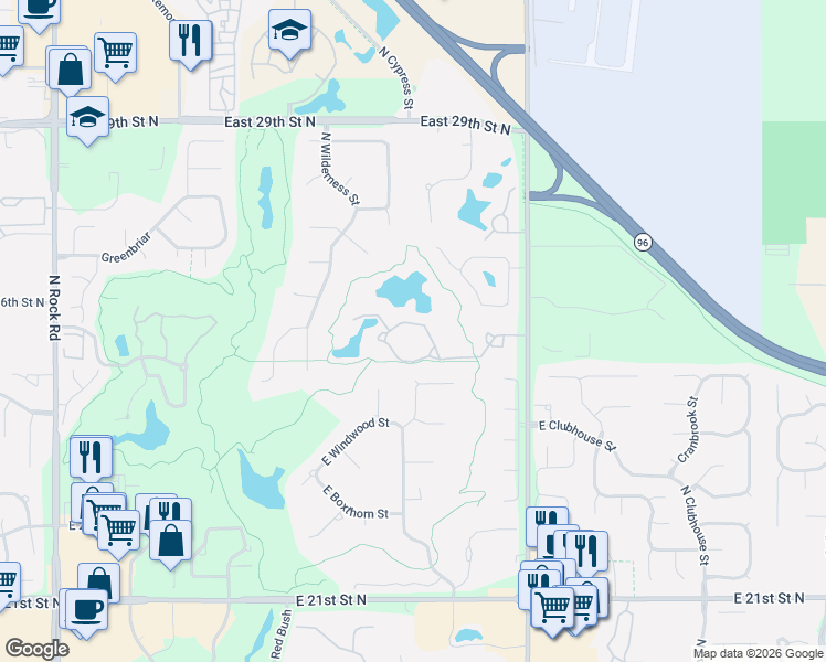 map of restaurants, bars, coffee shops, grocery stores, and more near 9100-9236 Lakepoint in Wichita