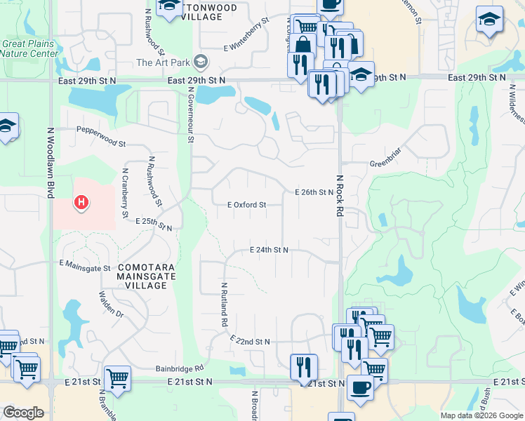 map of restaurants, bars, coffee shops, grocery stores, and more near 7523 E Oxford Ct in Wichita