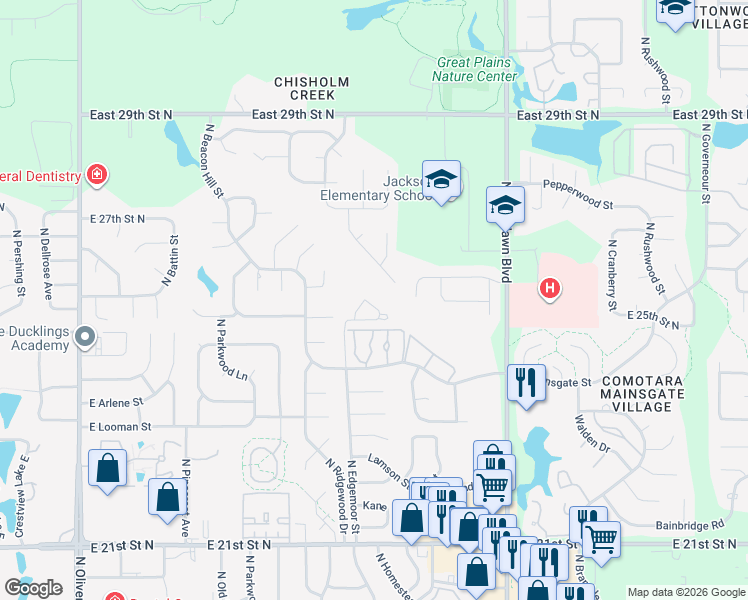 map of restaurants, bars, coffee shops, grocery stores, and more near 5935 East Pembrook Court in Wichita