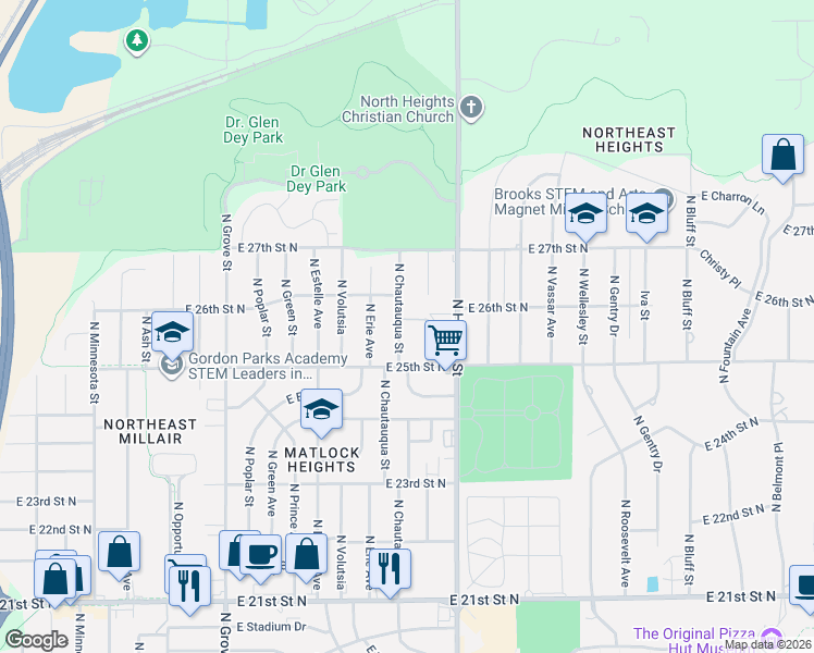 map of restaurants, bars, coffee shops, grocery stores, and more near 2629 North Lorraine in Wichita