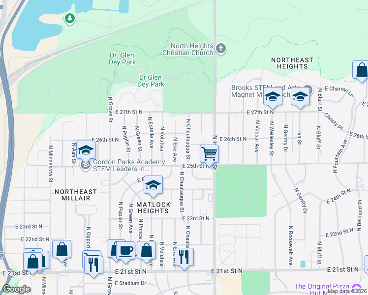 map of restaurants, bars, coffee shops, grocery stores, and more near 2626 North Erie Street in Wichita