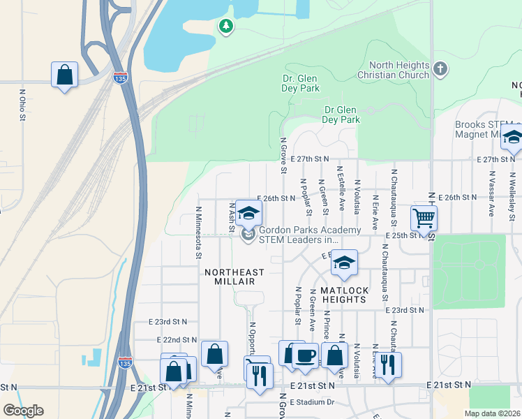 map of restaurants, bars, coffee shops, grocery stores, and more near 2631 North Spruce Avenue in Wichita