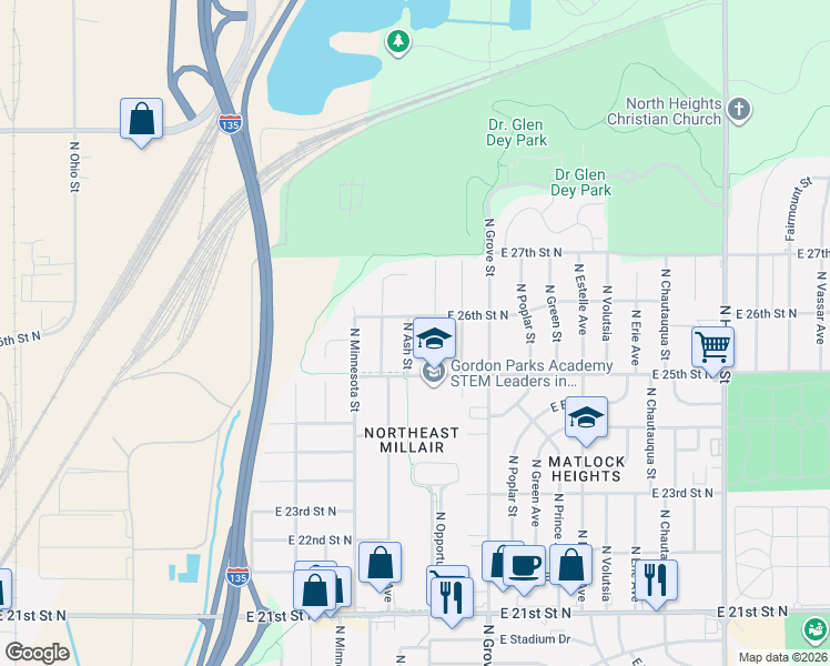 map of restaurants, bars, coffee shops, grocery stores, and more near 2632 North Ash Street in Wichita