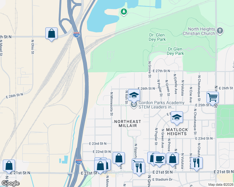 map of restaurants, bars, coffee shops, grocery stores, and more near 2631 N Piatt St in Wichita