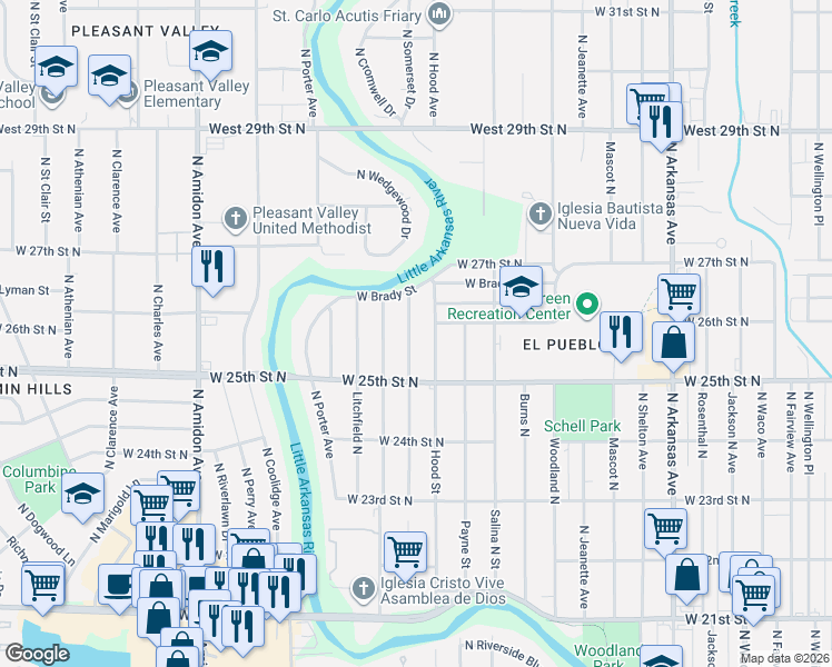 map of restaurants, bars, coffee shops, grocery stores, and more near 2644 North Garland Street in Wichita