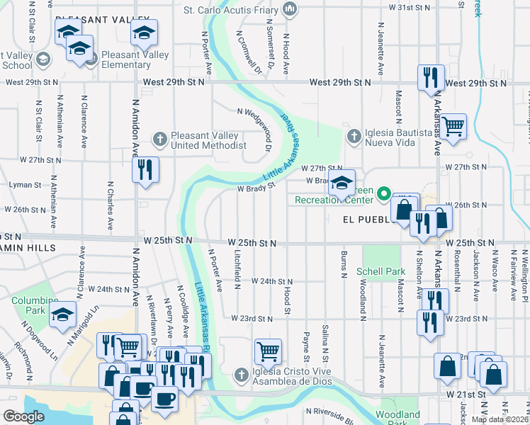 map of restaurants, bars, coffee shops, grocery stores, and more near 2631 N Somerset Ave in Wichita