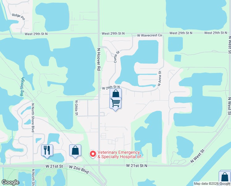 map of restaurants, bars, coffee shops, grocery stores, and more near 2530 North Hoover Road in Wichita