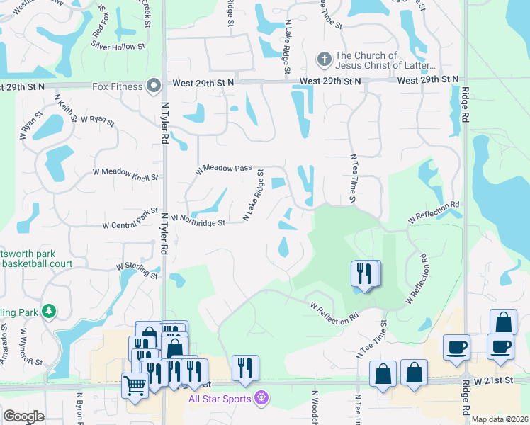 map of restaurants, bars, coffee shops, grocery stores, and more near 8205 West Meadow Pass Court in Wichita