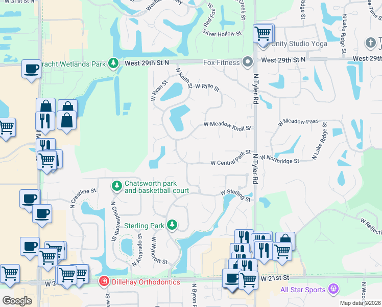 map of restaurants, bars, coffee shops, grocery stores, and more near 2622 North Keith Court in Wichita